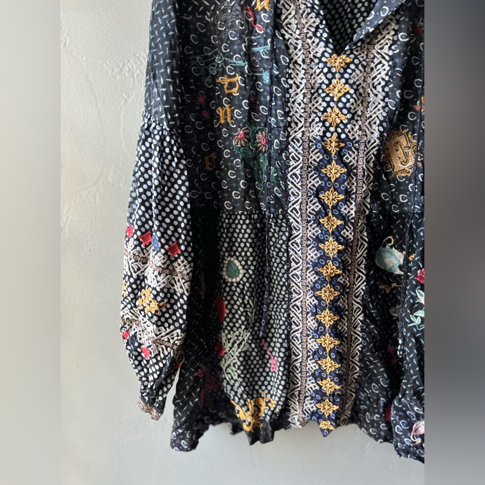 VHTF Johnny Was Black Floral Embroidered Patchwork Blouse Wonderland Quirky - Picture 2 of 10